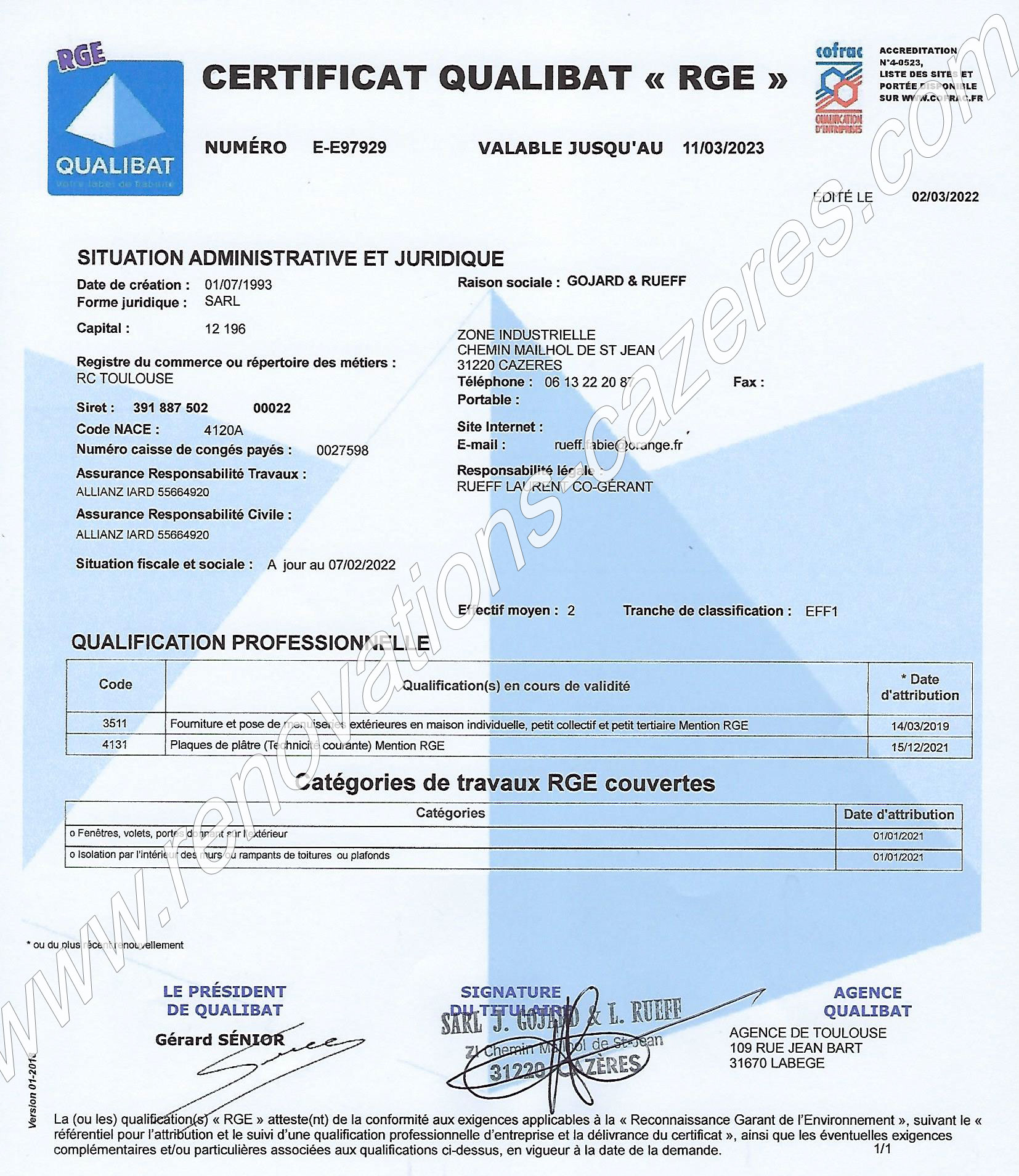 Certificat Qualibat 4131,3511 Renovation Cazeres 2022